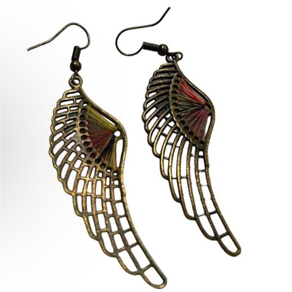 Bohemian Feather Wing Colored Beads And Green Patina On Brass Earrings - Picture 9 of 12